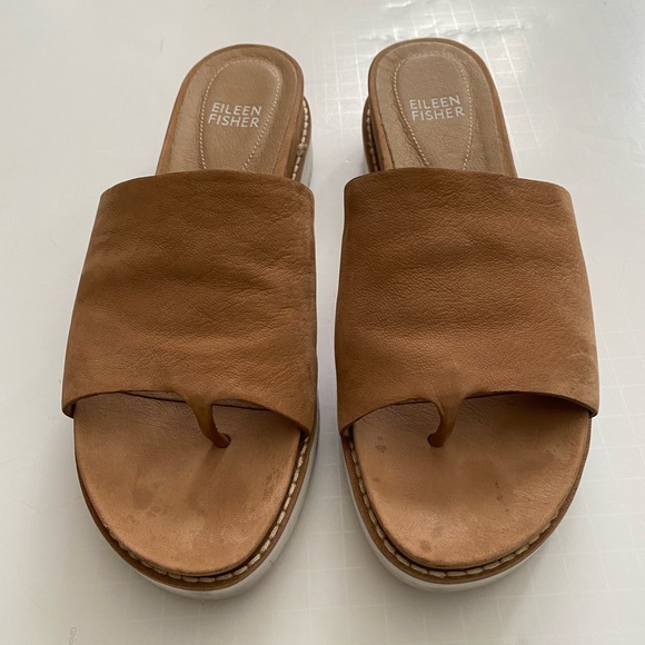Eileen Fisher women's thong leather platform wedge sandal tan size 6 - Picture 4 of 12